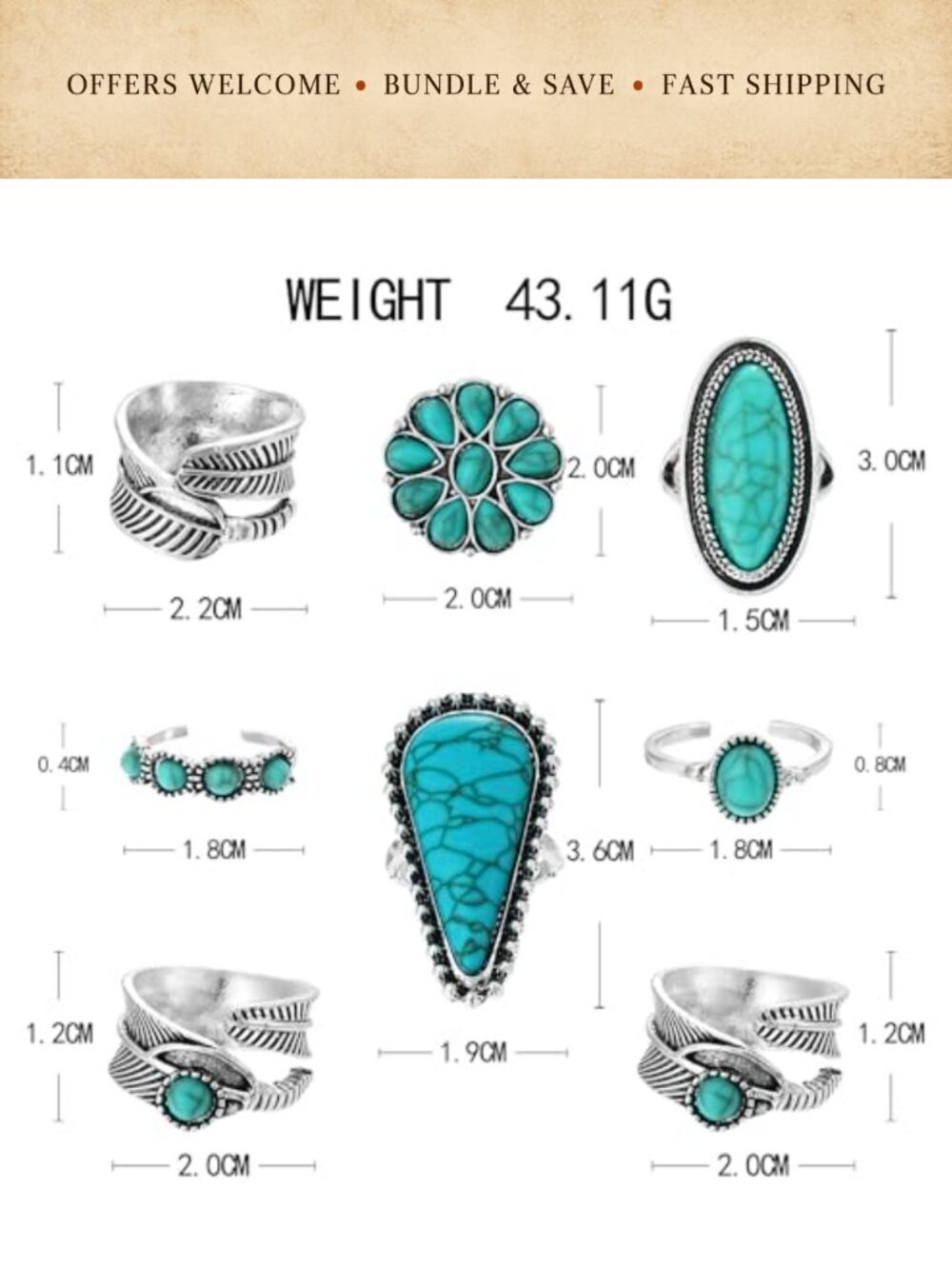Boho Turquoise Stackable Open Midi Rings Adjustable Alloy - Picture 5 of 5